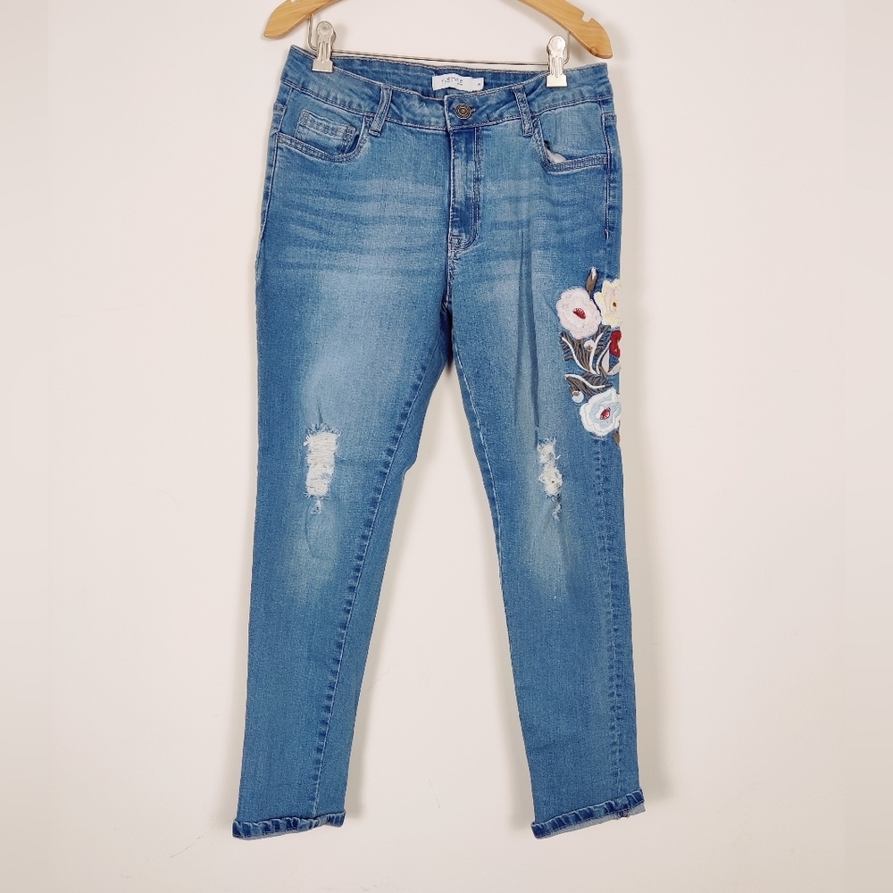 MyStyle Women's Floral Embroidery Skinny Jeans in Blue Size 8 Cotton Distressed
